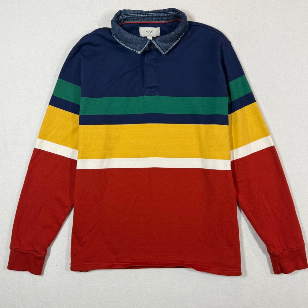 M&S Marks & Spencer Mens Rugby Shirt Long Sleeve‎ Color Block Denim Collar XL